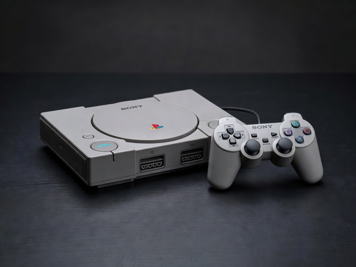 Alkuperäinen Sony PlayStation 1 ja ohjain tummalla alustalla