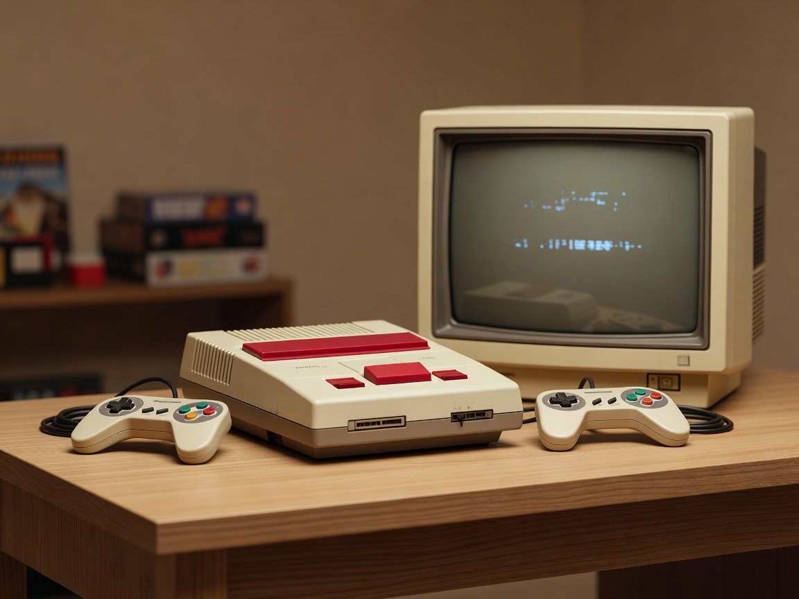 Klassinen retropelikonsoli ja CRT-monitori nostalgisessa studiovalossa