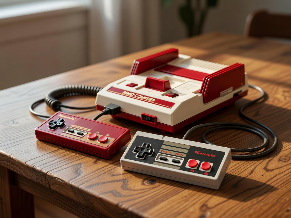Nintendo Family Computer (Famicom) ja NES-ohjaimet puupöydällä