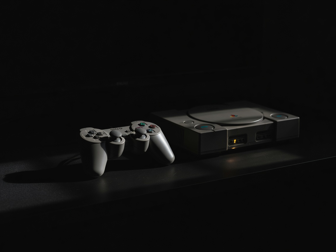 PlayStation 1 -ohjain ja retrokonsolin valot pimeässä tilassa