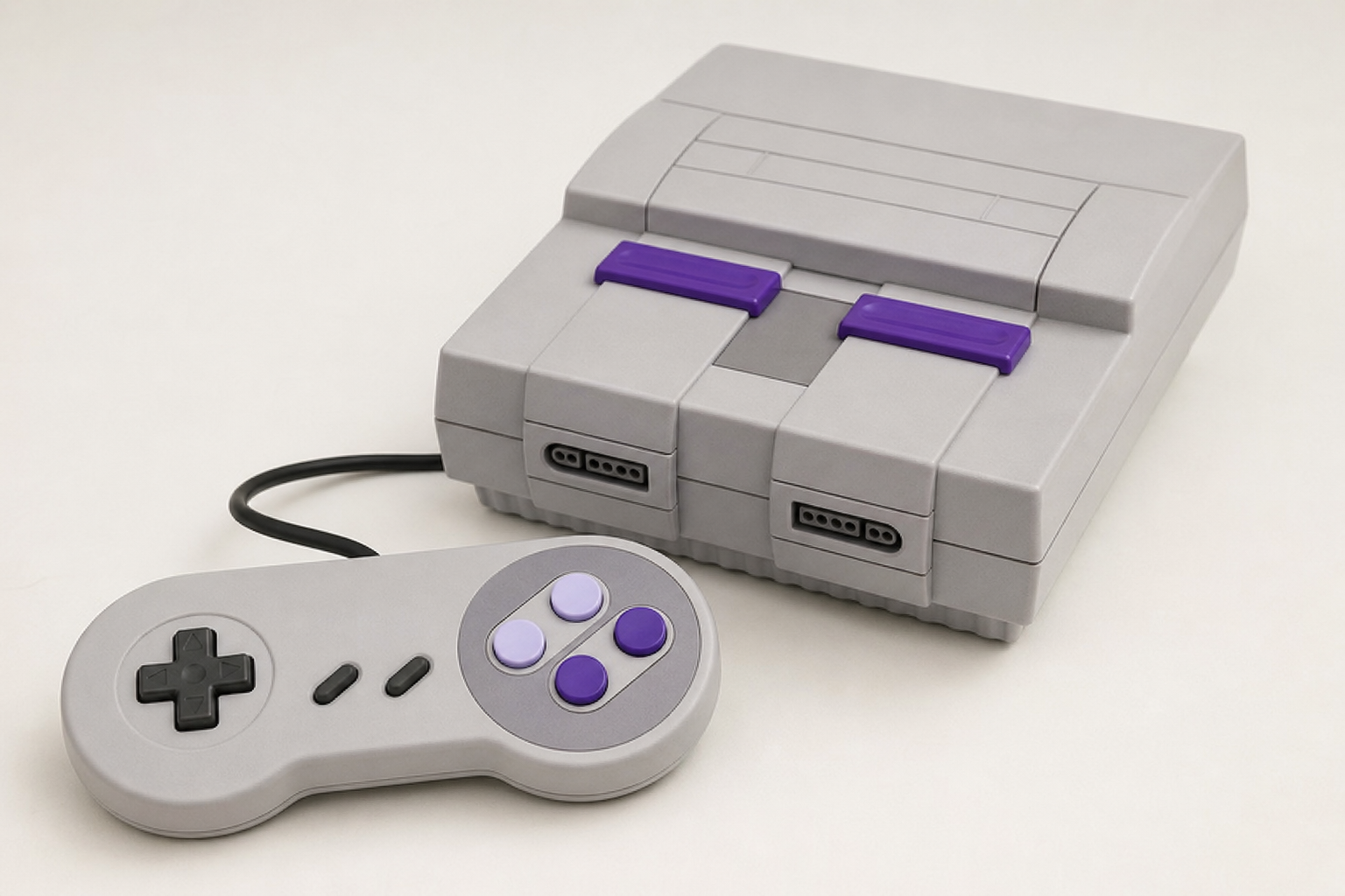 Super Nintendo viihdejärjestelmä ja harmaa peliohjain