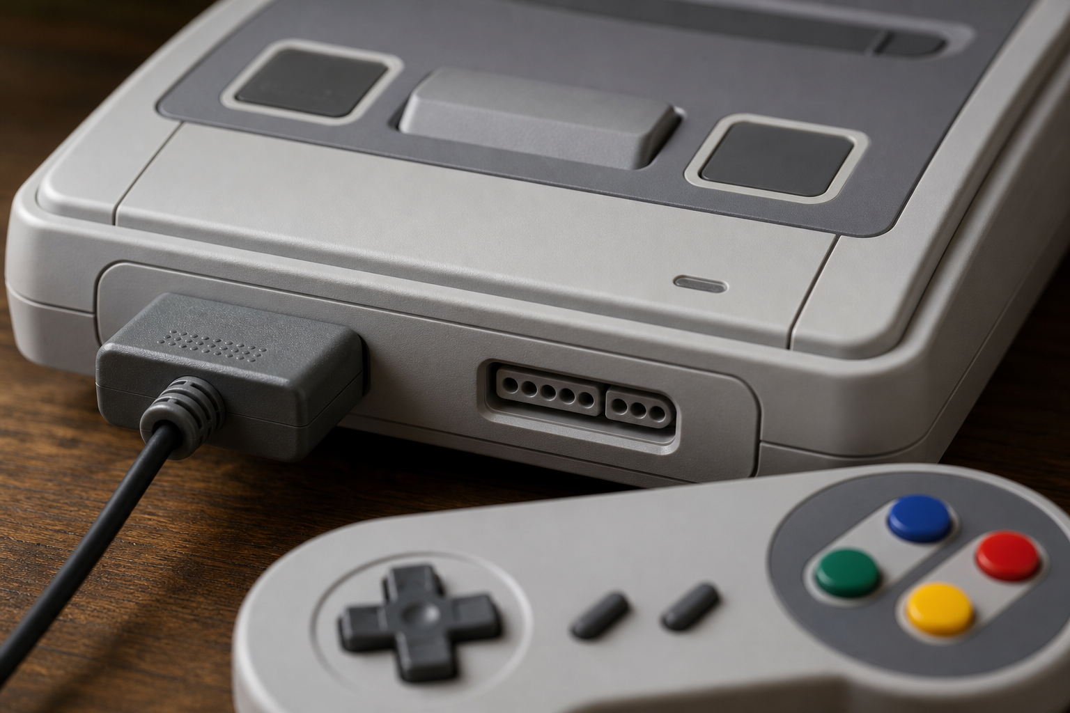 Super Nintendo viihdejärjestelmä ja laitteisto lähikuvassa